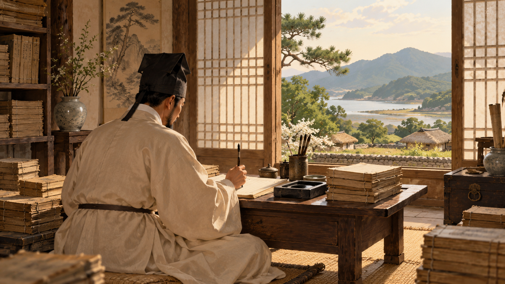 정약용의 집필을 모티프로 한 AI 상상화